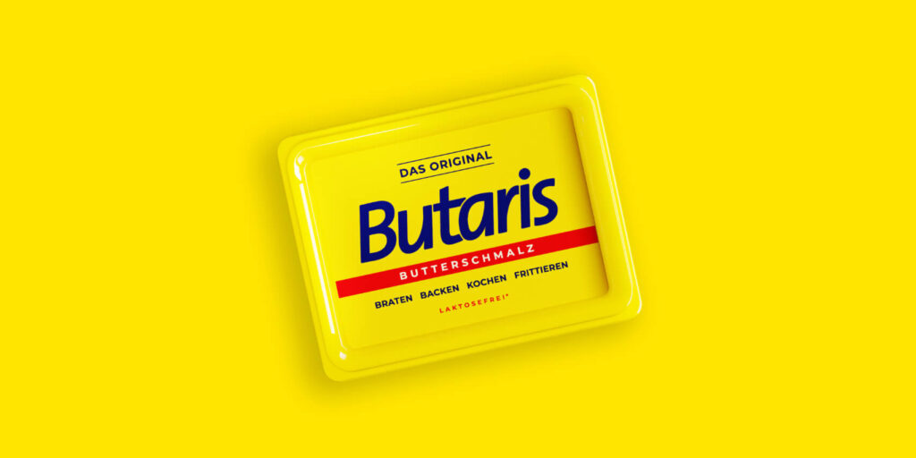 Butaris Packung 250g auf gelbem Hintergrund
